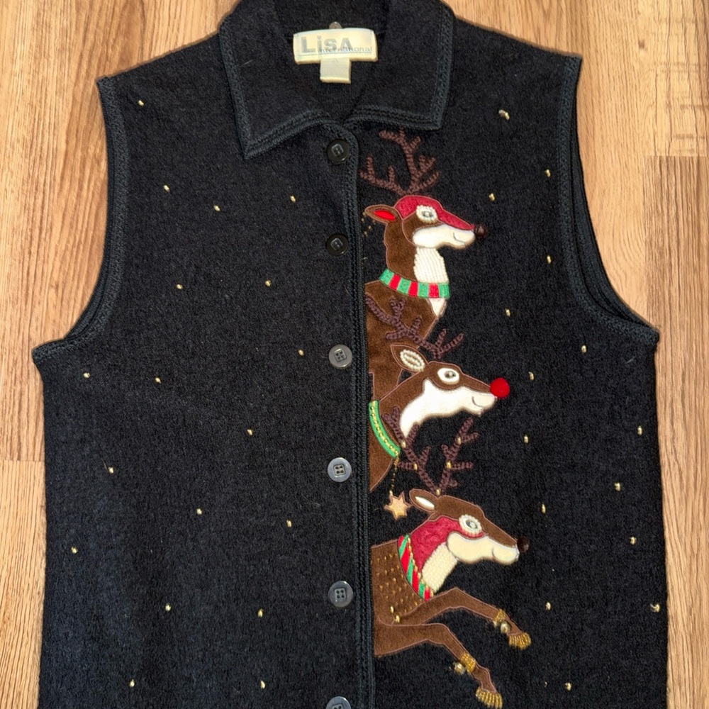 Lisa International Black Wool Vest with Button Closure